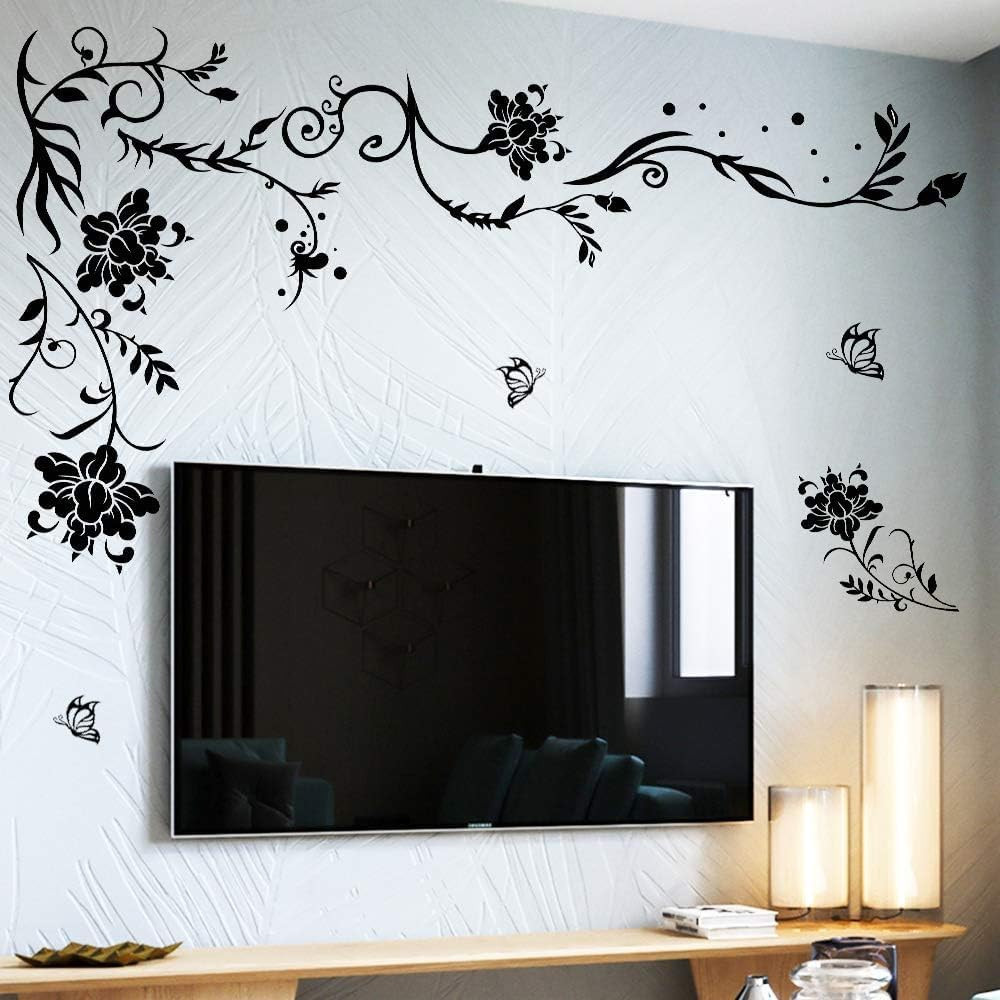 Supzone Flowers & Butterflies Wall Decals – DIY Black & Floral Wall Stickers for