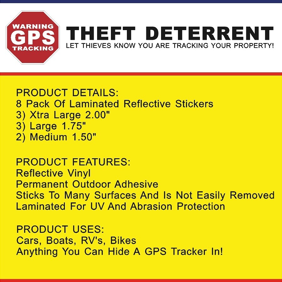 8 PACK REFLECTIVE GPS Tracking Laminated Stickers Theft Deterrent FREE SHIPPING