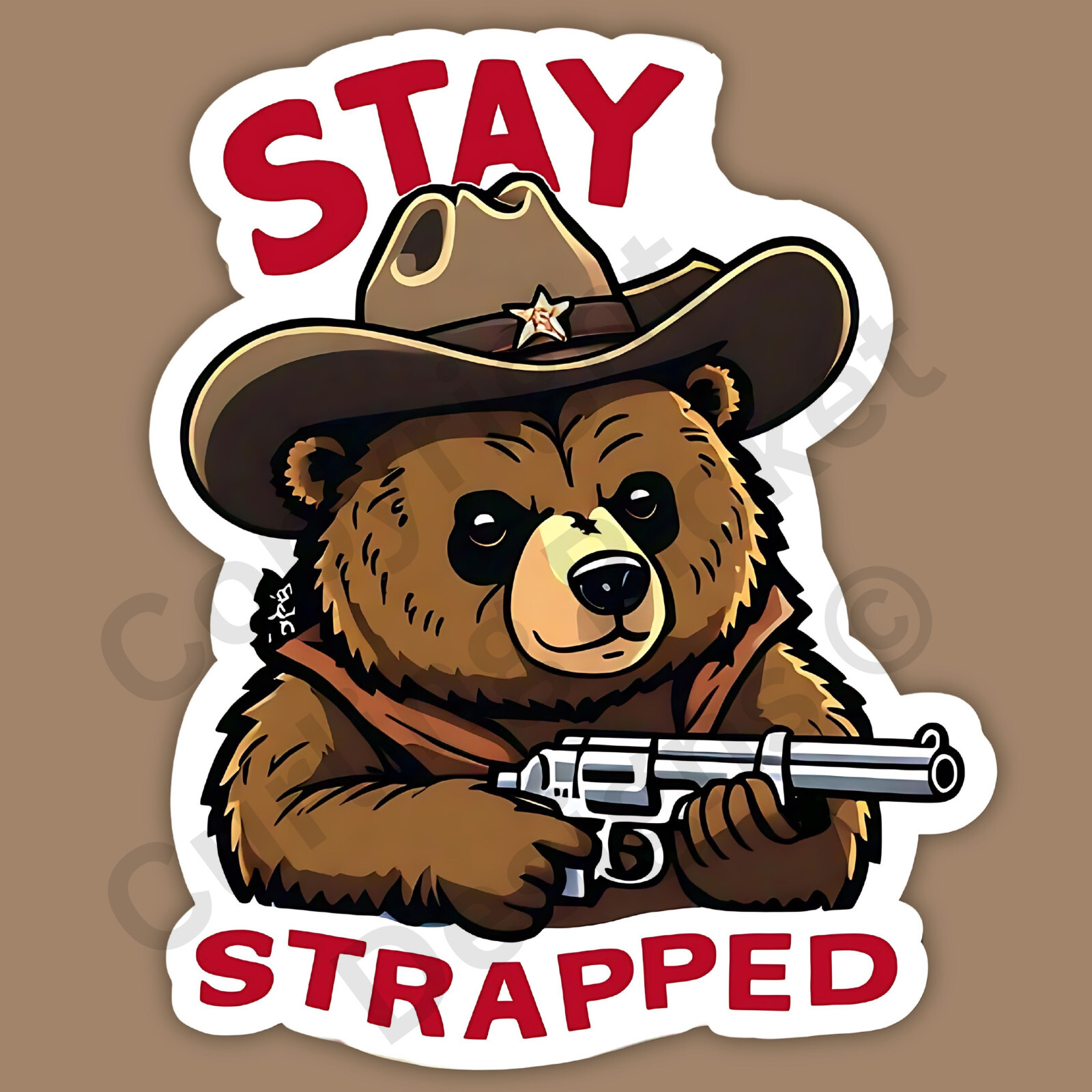 Stay Strapped Grizzly Bear 2A Cowboy Hat Gun Funny 3" Vinyl Sticker
