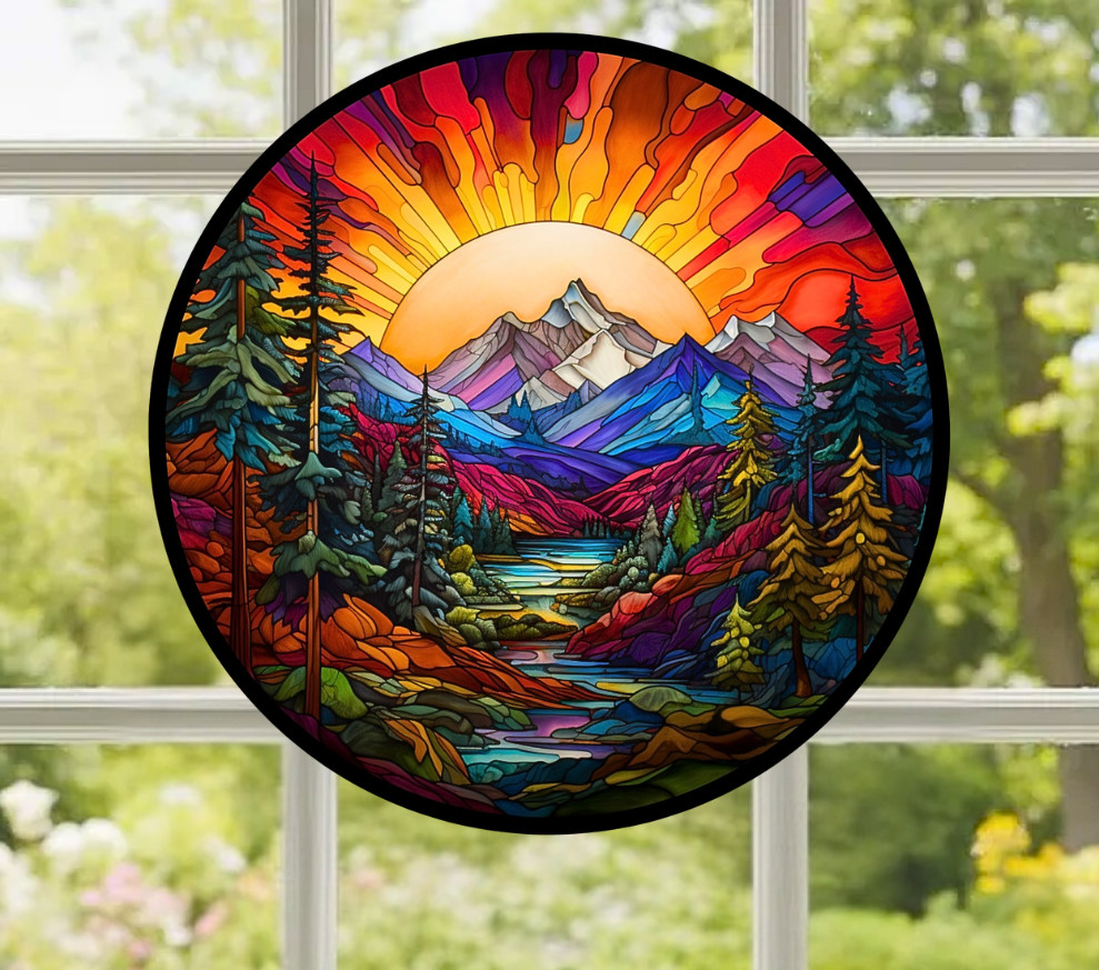 Sunset on Mountains & Trees Faux Stained-Glass WINDOW CLING Size 8" Round Vinyl