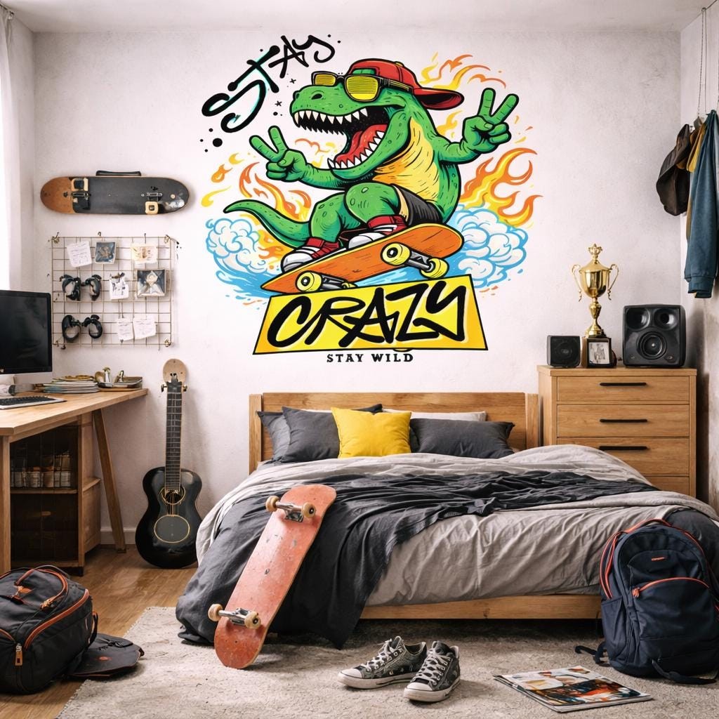 Skateboarding T-Rex Decal | Stay Crazy Dinosaur Sticker