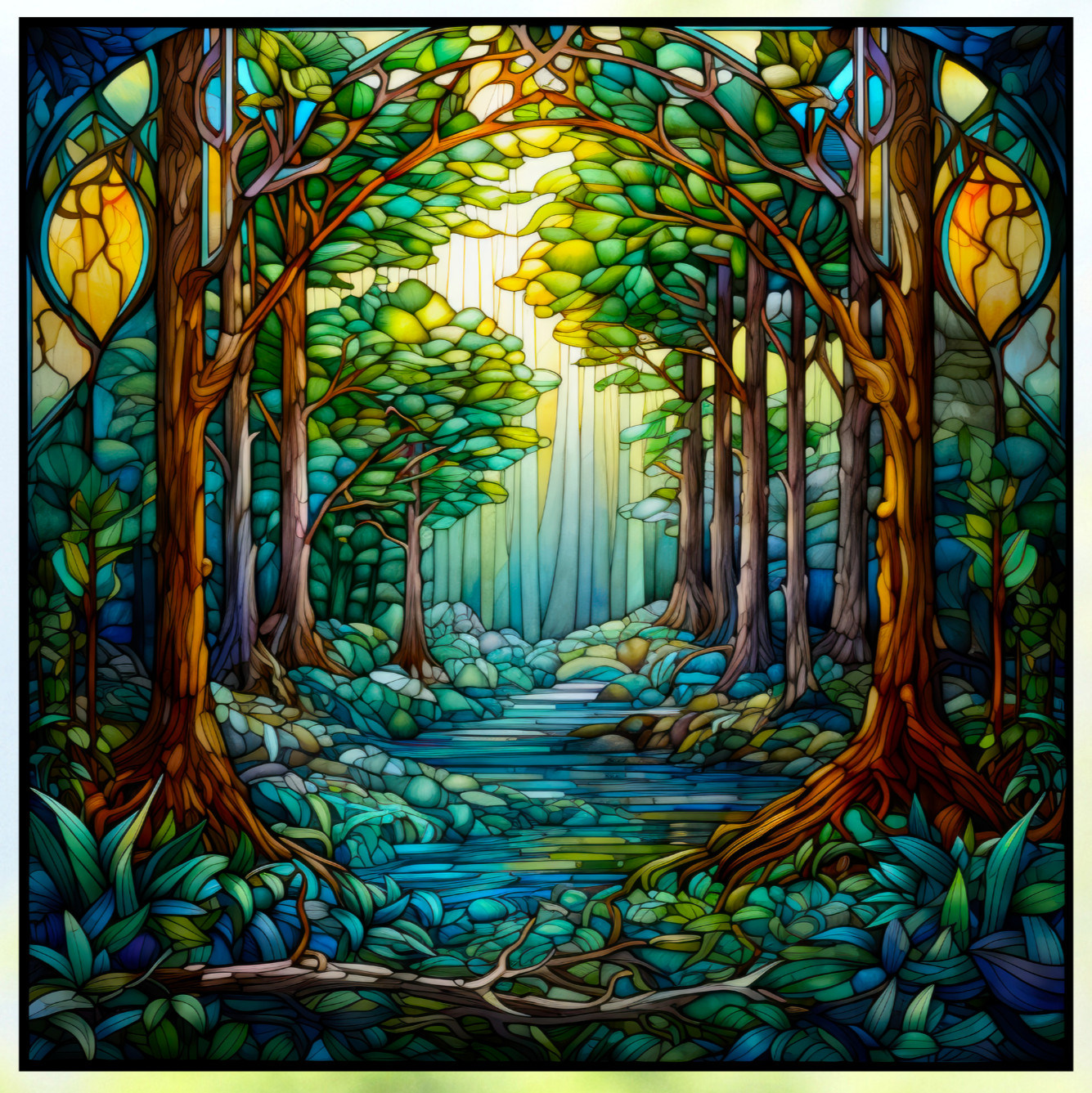 Beautiful Green Forest with Arch Faux Stained Glass WINDOW CLING Size 8" Vinyl