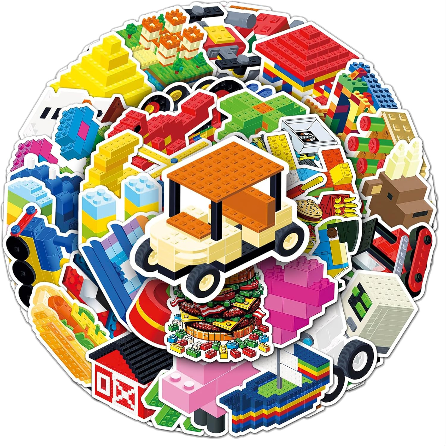 51 PCS Reusable Cartoon Building Block Stickers – Waterproof Decals for Kids