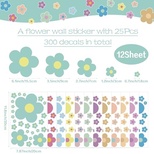 12 Sheets Flower Wall Decals Cute Colorful Vinyl Stickers for Girls Kids Room De