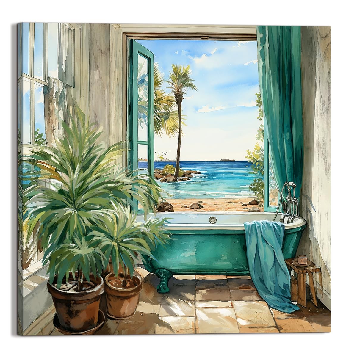 LAIART Bathroom Canvas Print Wall Art Decor Teal Bathtub 12"L x 12"W, Green