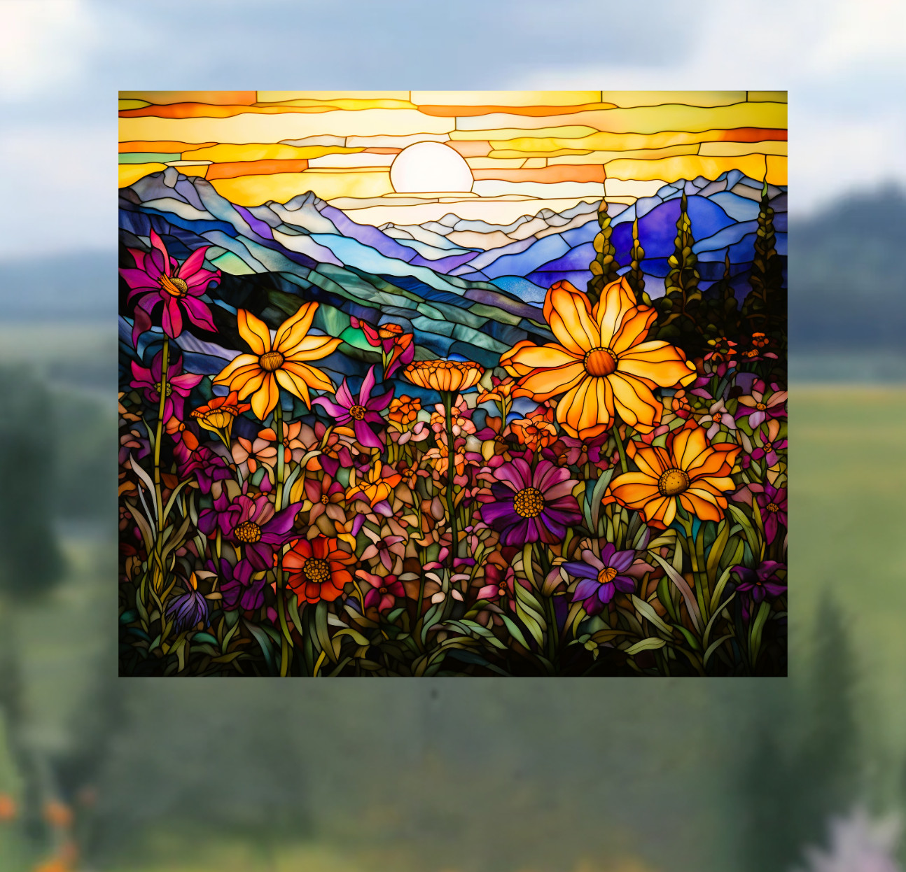 Wildflowers, Mountains & Sunset Faux Stained-Glass WINDOW CLING Size 9.1" Vinyl