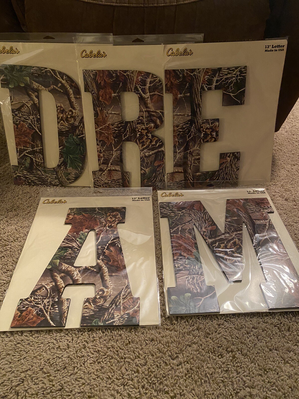 5pc Cabelas Camouflage Wall Decor Lettering “DREAM” 13 Inches New In Package
