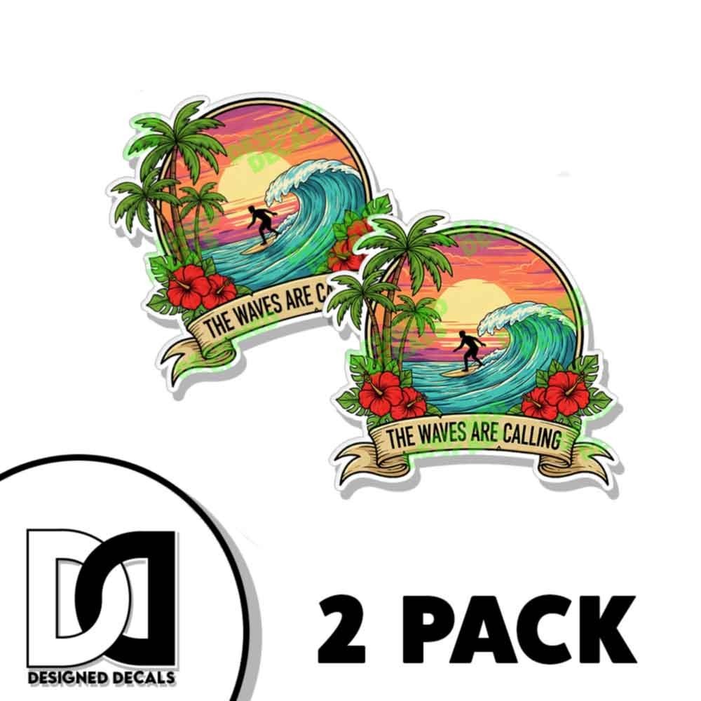 The Waves Are Calling Surfing Sticker Tropical Sunset Decal Sticker 2 PACK