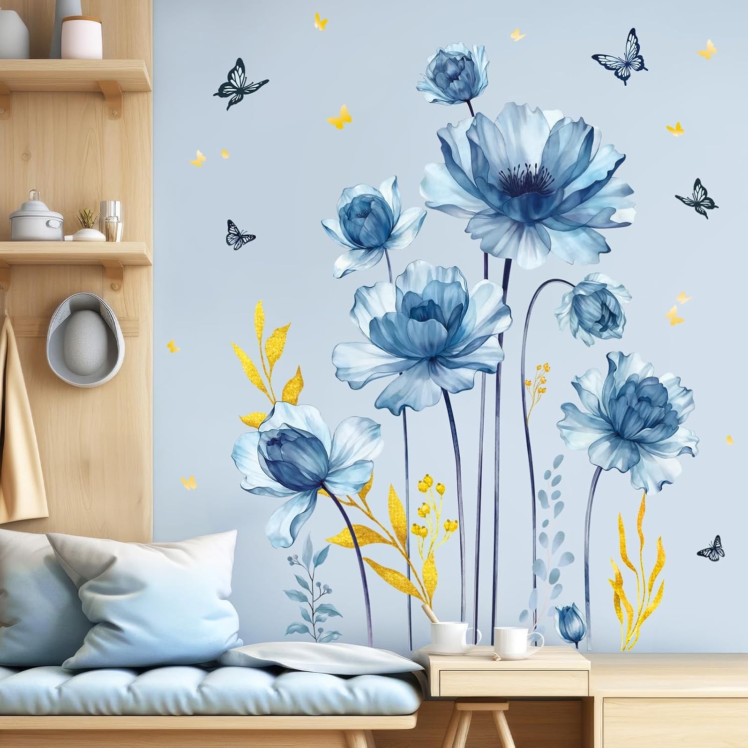 Blue Floral Gold Leaf Wall Decals Stickers for Living Room Bedroom Home Decor