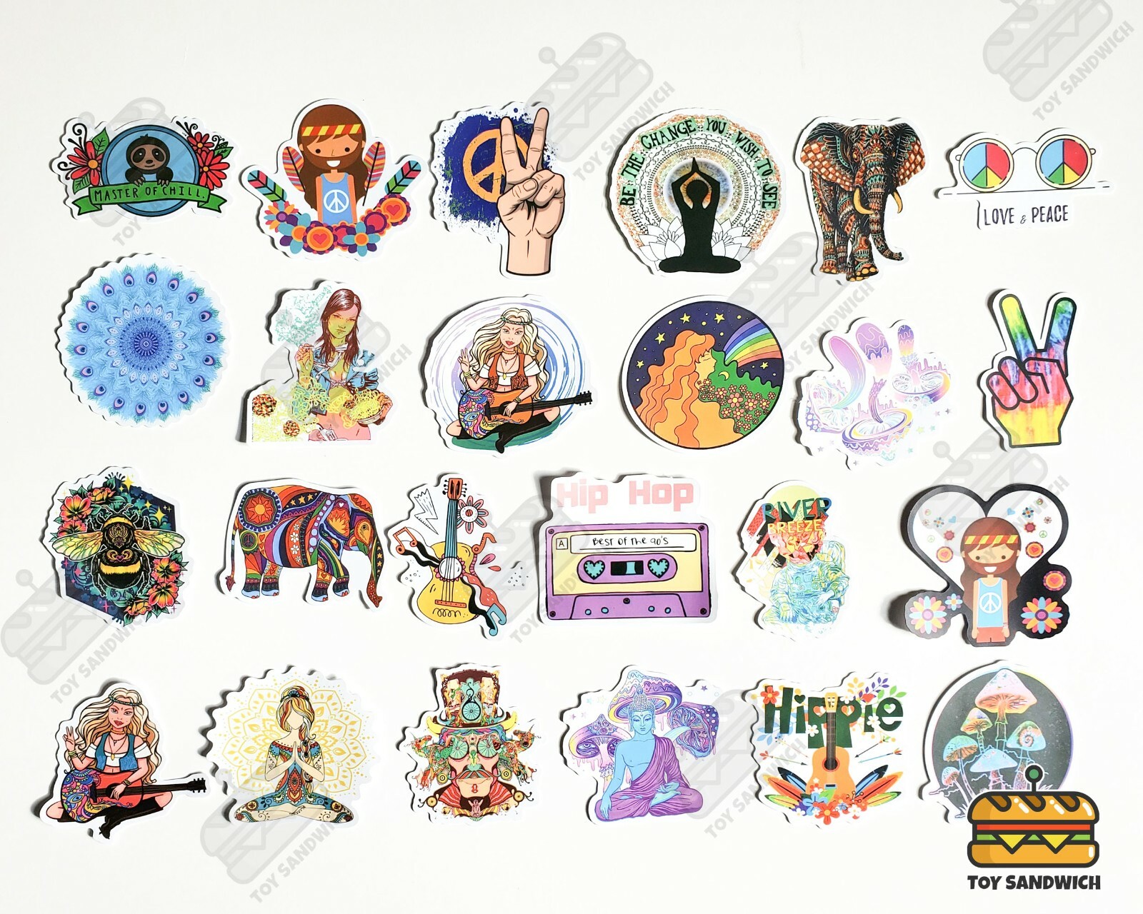 100 pcs "Hippie" Sticker Pack Peace Boho Decor Guitar Bohemian Hobonichi Decals