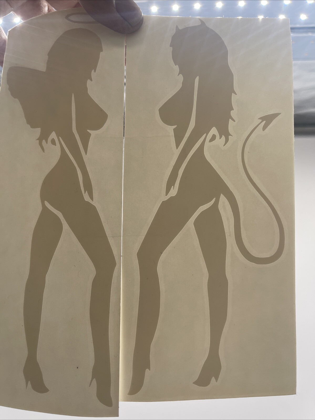 Set Of 2 Devil & Angel Girls white Vinyl Decal: 8” X 3”, Not For Porous Surfaces