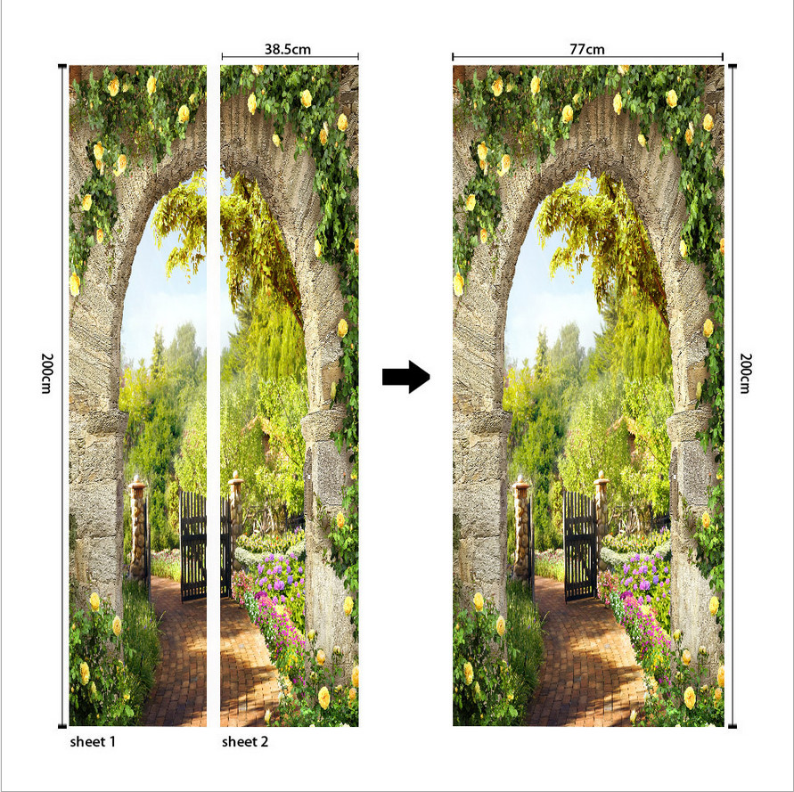 3D Self Adhesive Door Sticker Garden Stone Arch Door Wall Decor Mural Wallpaper
