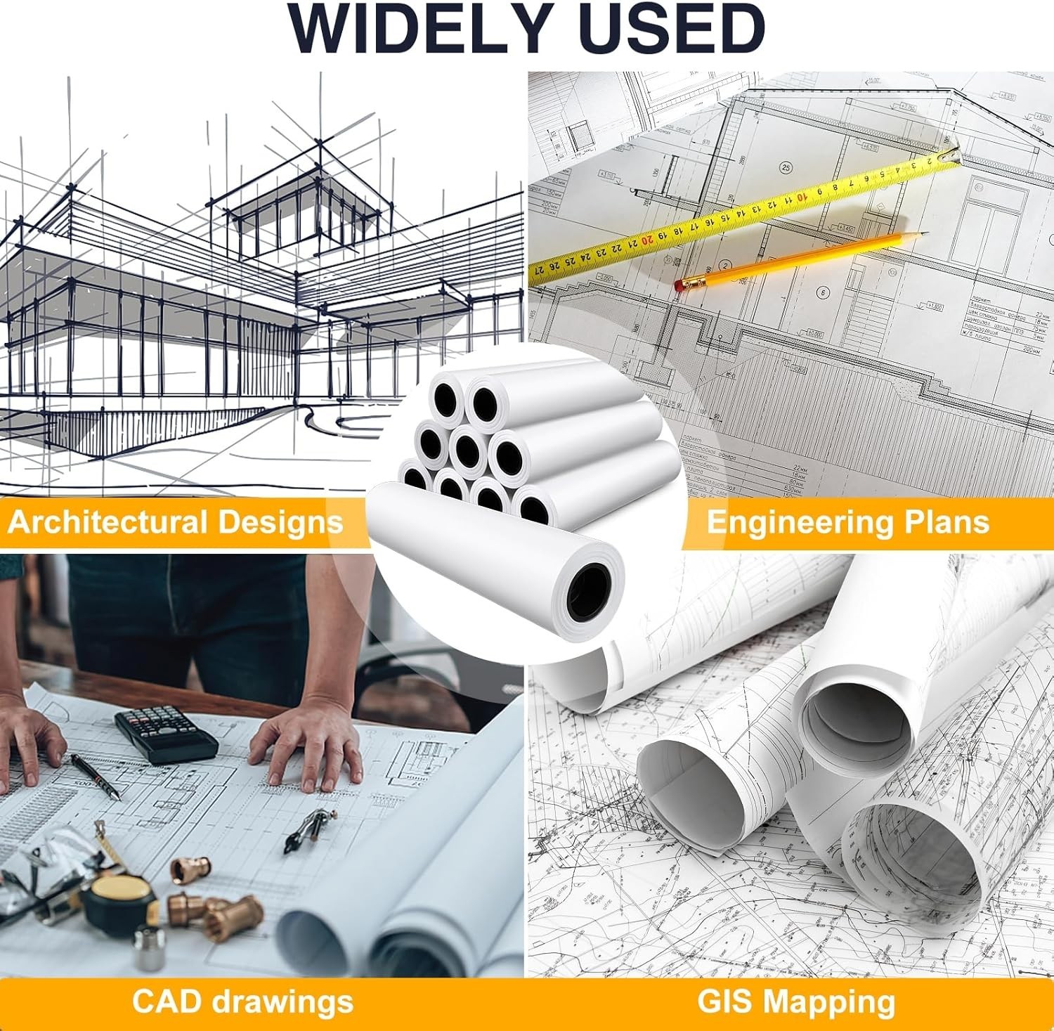 Wide Format Paper,4 Rolls Plotter Paper 24 in X 150 Ft, CAD Bond Rolls,20Lb,Bond