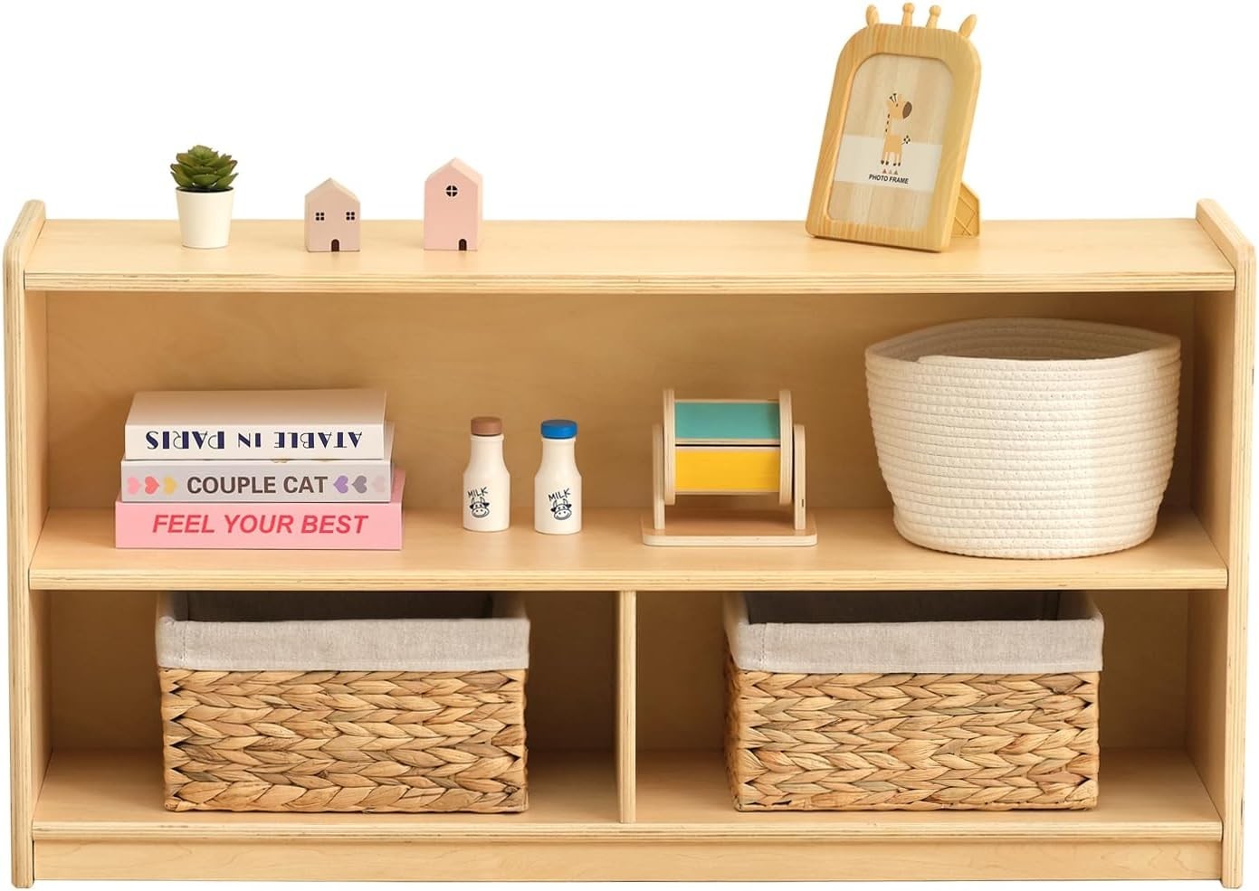 2-Shelf Montessori Shelf Toy Organizers and Storage for Kids, 3-Section Wooden