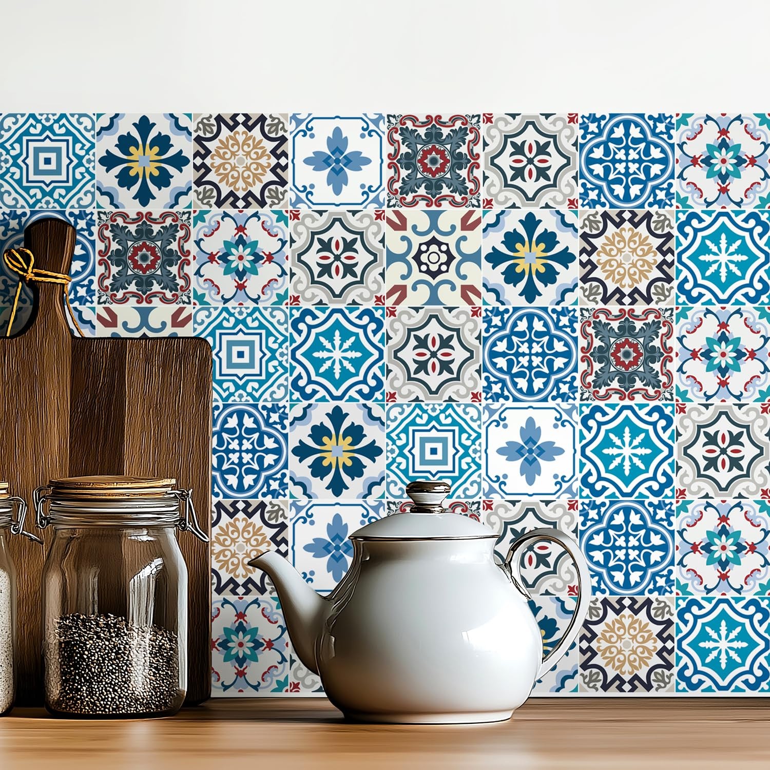 30 Pack, 4×4 Inch Eclectic Mediterranean Tile Stickers, Colorful Mosaic Peel …