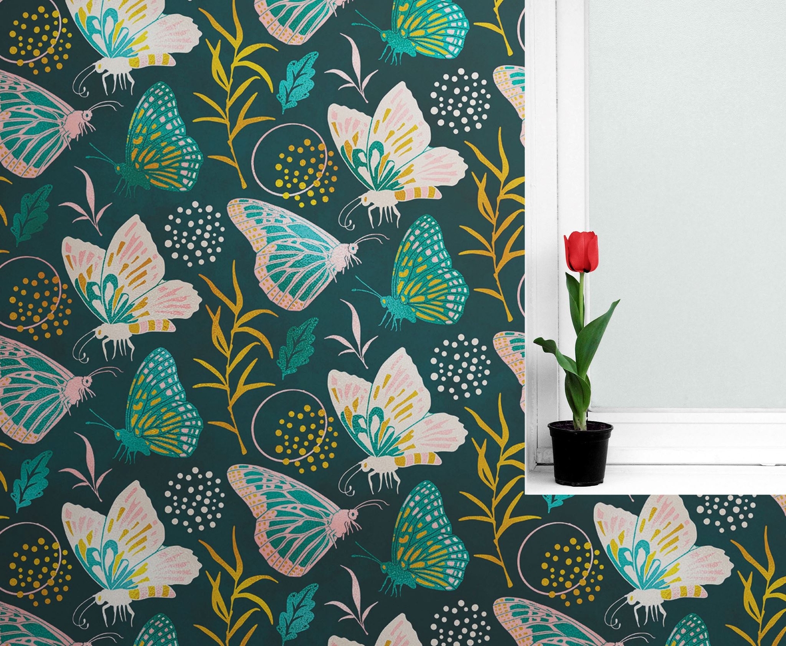 Butterfly Pattern Wall Mural. Retro Green and Gold Color Illustration Design. Be