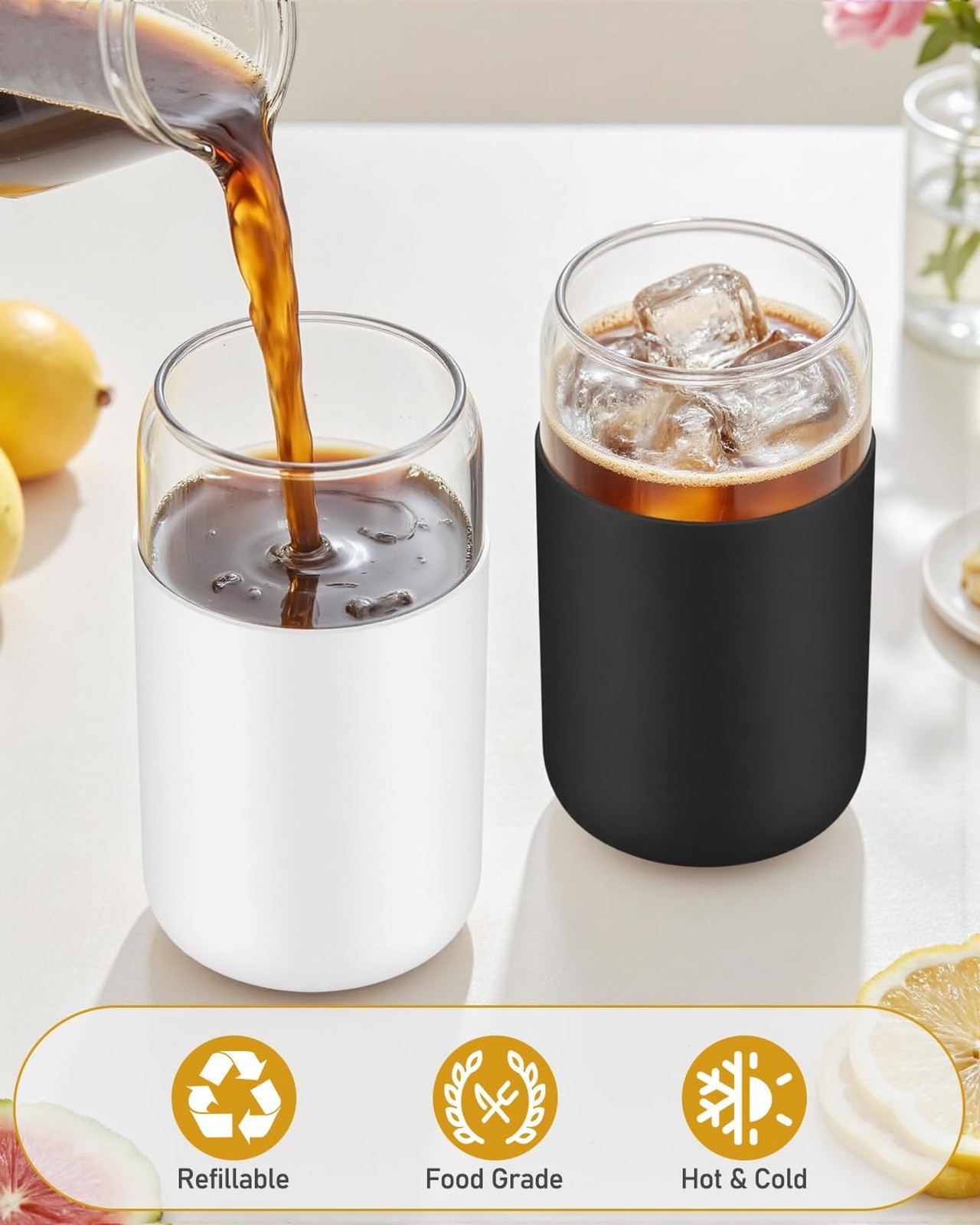 sungwoo Glass Cups with Lids and Straws, 4 Pack 16OZ Iced Coffee Cups with Si…