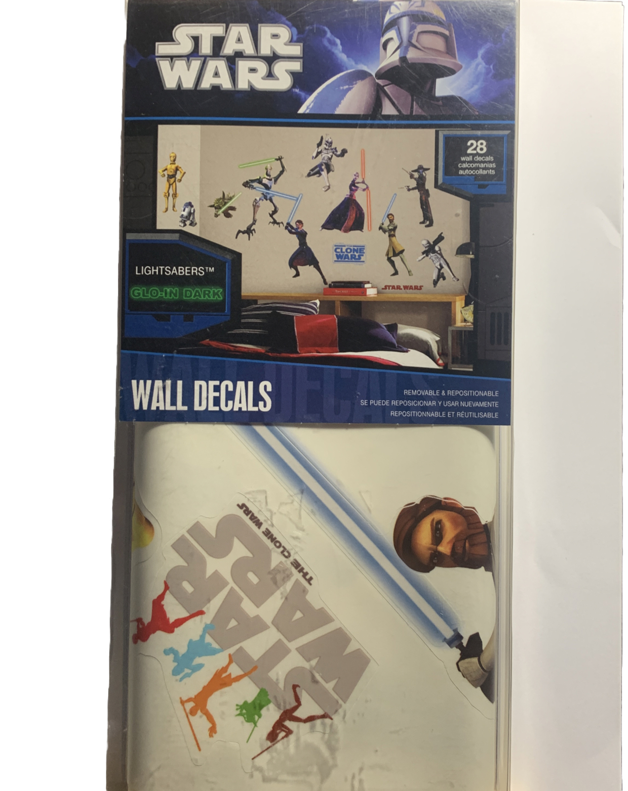 2011 STAR WARS CLONE WARS GLOW IN THE DARK LIGHTSABERS 28 WALL DECALS.