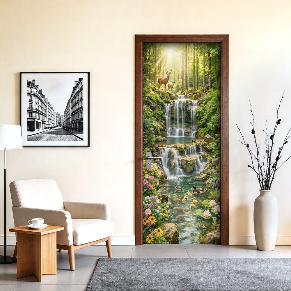 Spring Forest Waterfall Door Mural, Peel and Stick Door Covers Decorative, Na…