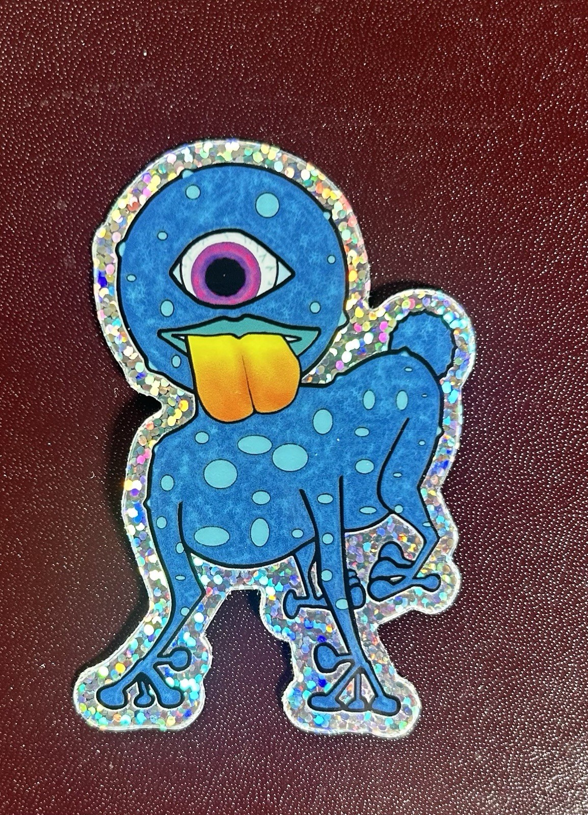 Original Vinyl Glitter Sticker Blue Mutant Space Alien Dog Creature 3” X 2”