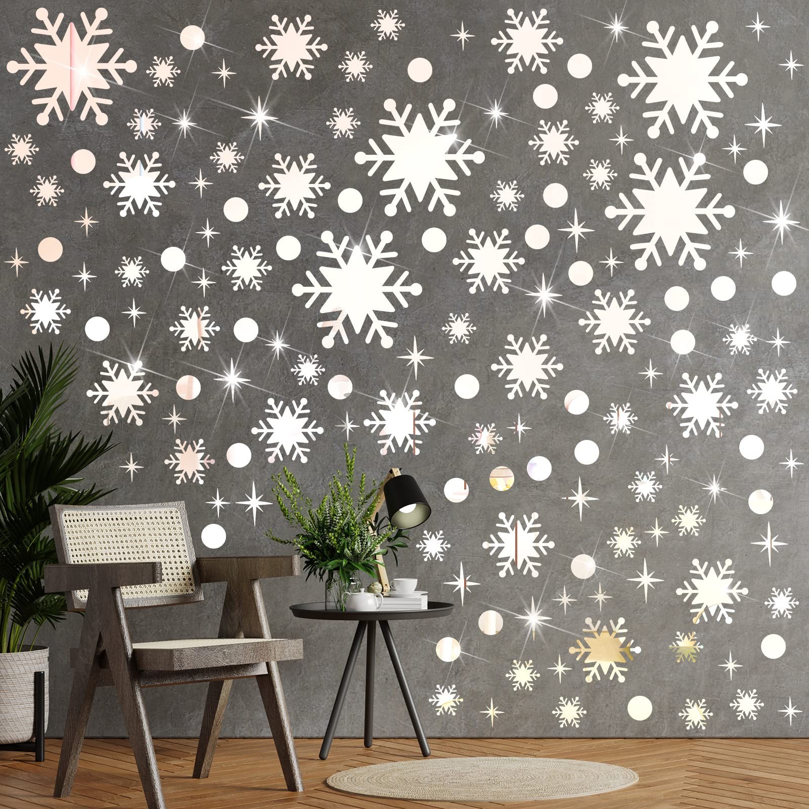 Outus 193 Pcs Christmas Snowflake Mirror Wall Decal Sticker Silver