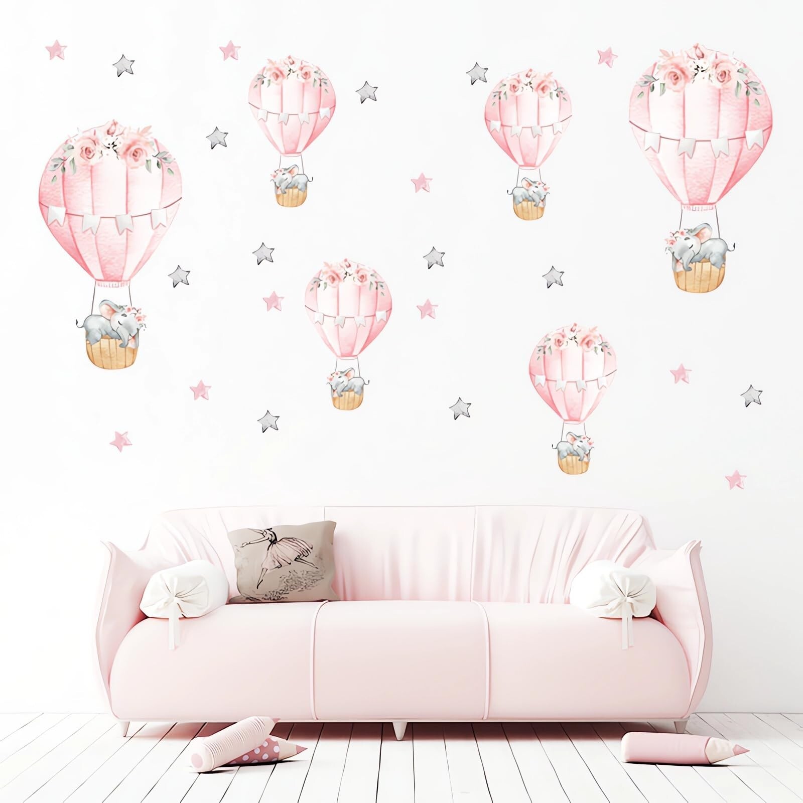 6 Pink Hot Air Balloons Sleeping Baby Elephants Stars Wall Stickers, sacinora…