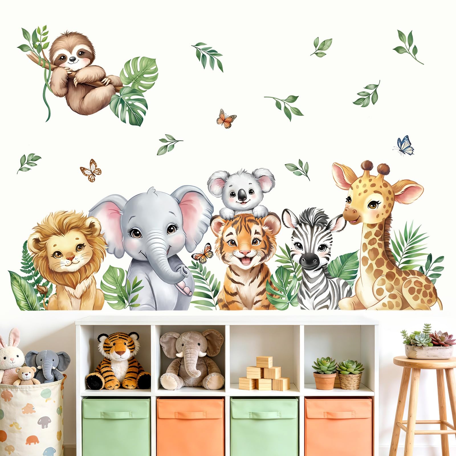 Jungle Animals Tropical Leaves Wall Stickers Safari Lion Giraffe Elephant Wal…