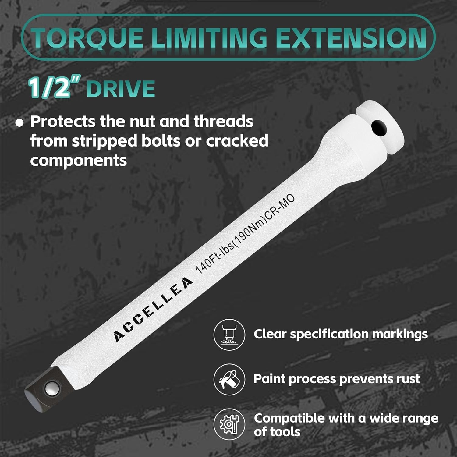 5-Piece Torque Limiting Extension Bar Set, 1/2" Drive, 8" Long, 65-140 Ft-lbs, C