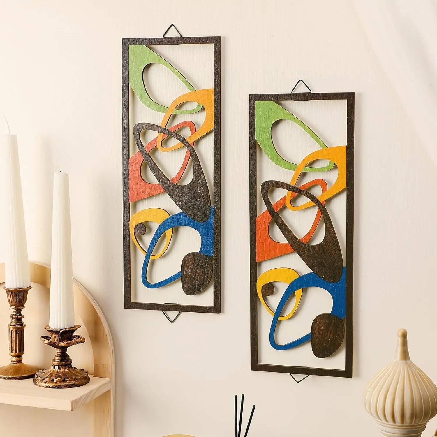 2Pcs Modern Decor Elegance Wall Accents Interior Panel Wood Art Geometric Wall