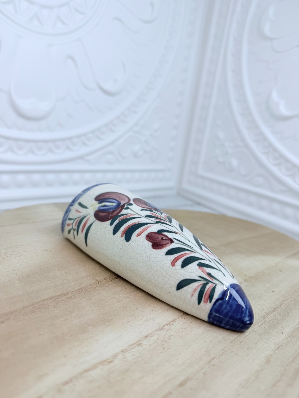 Vintage Japanese Pottery Wall Pocket Vase Floral Hand Painted Blue Pink Japan