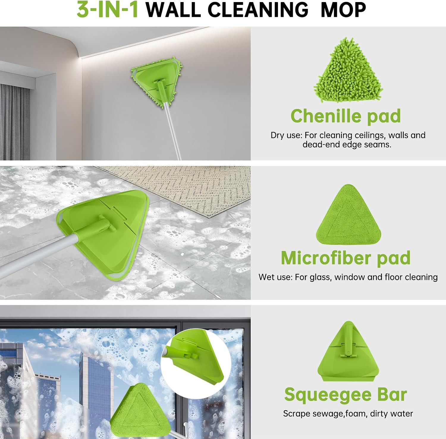Wall & Baseboard Cleaner Mop Tool with 82" Long Handle, 360 Degree Rotating 3-I