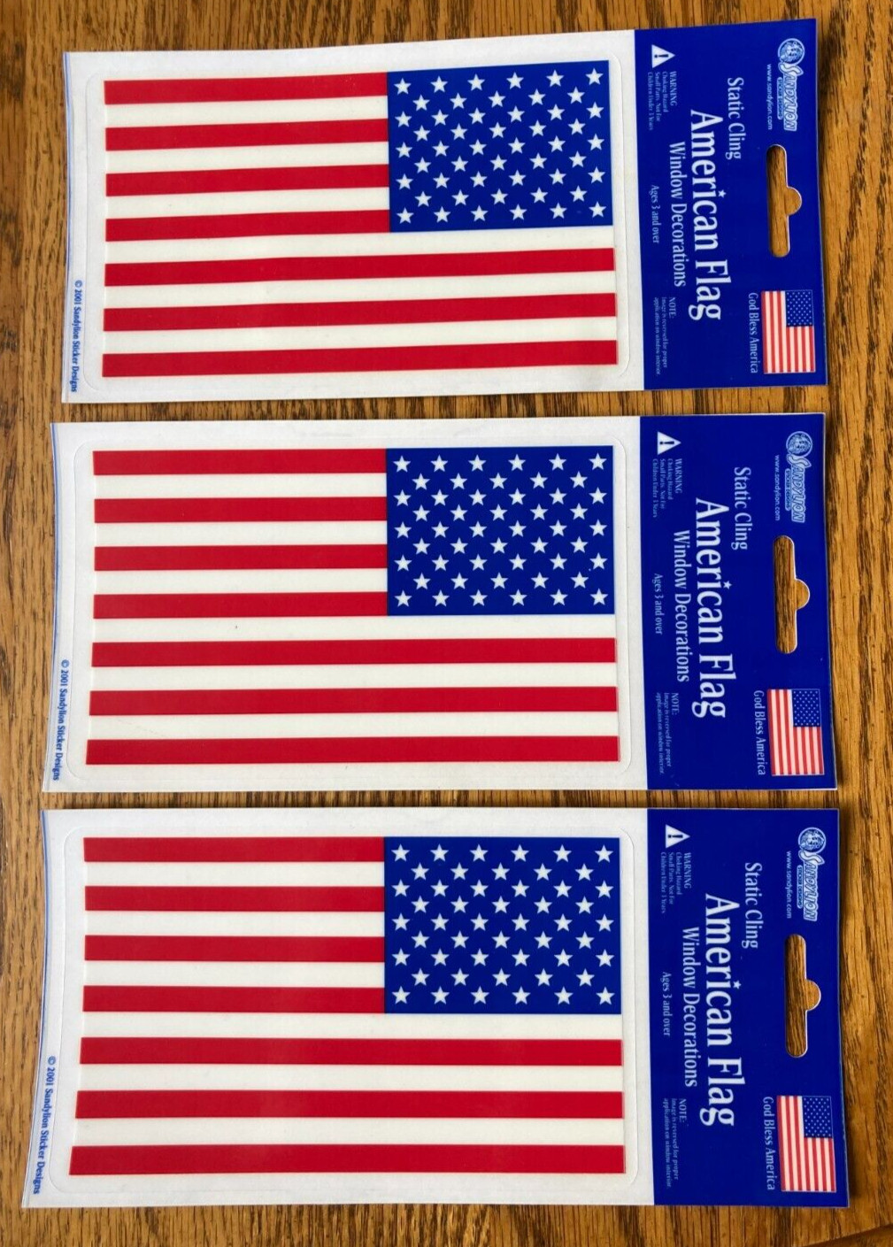 American Flag Window Static Clings Lot of 3 SANDYLION New 4" x 6"