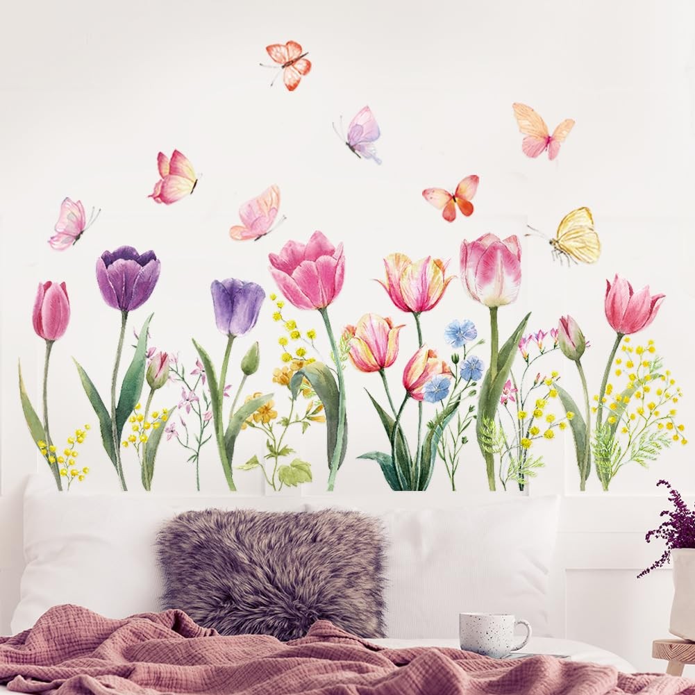 Tulip Flowers Wall Decals Floral Butterfly Wall Stickers Colorful Flowers Wal…