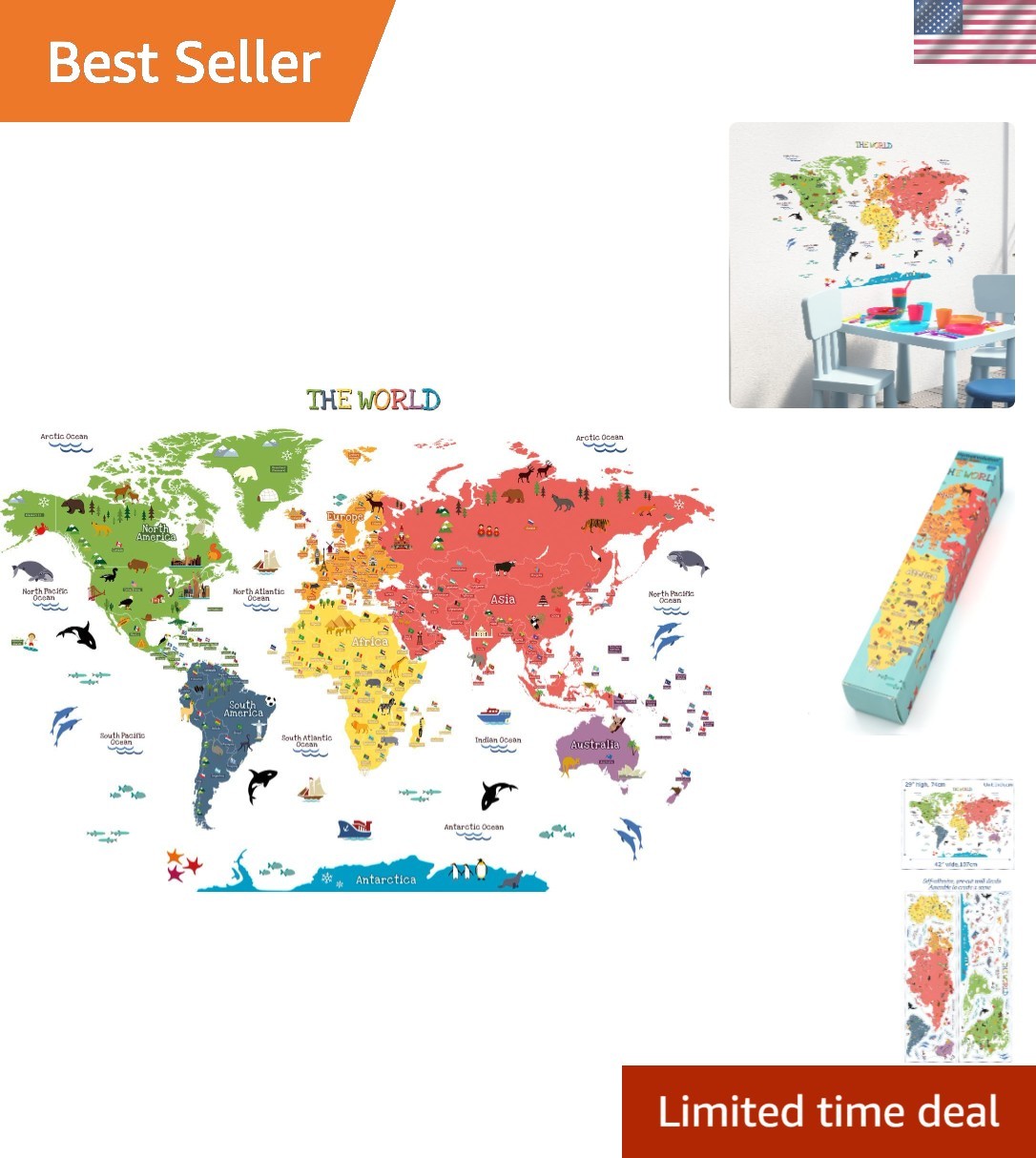 Removable World Map Wall Stickers with Animals – Perfect for Children's Spaces