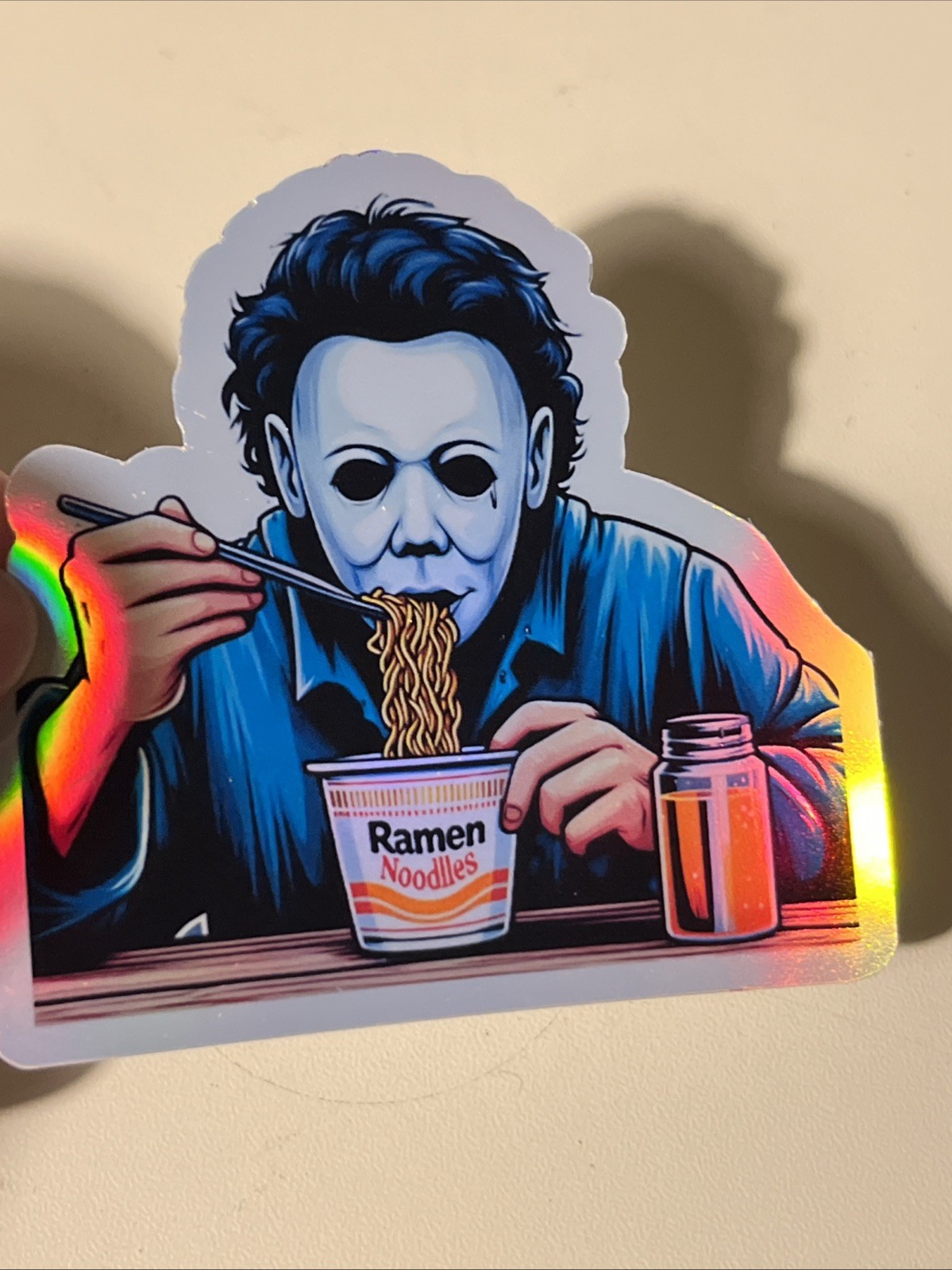 Michael Myers Eating Ramen noodle 3 Inch Holographic Sticker