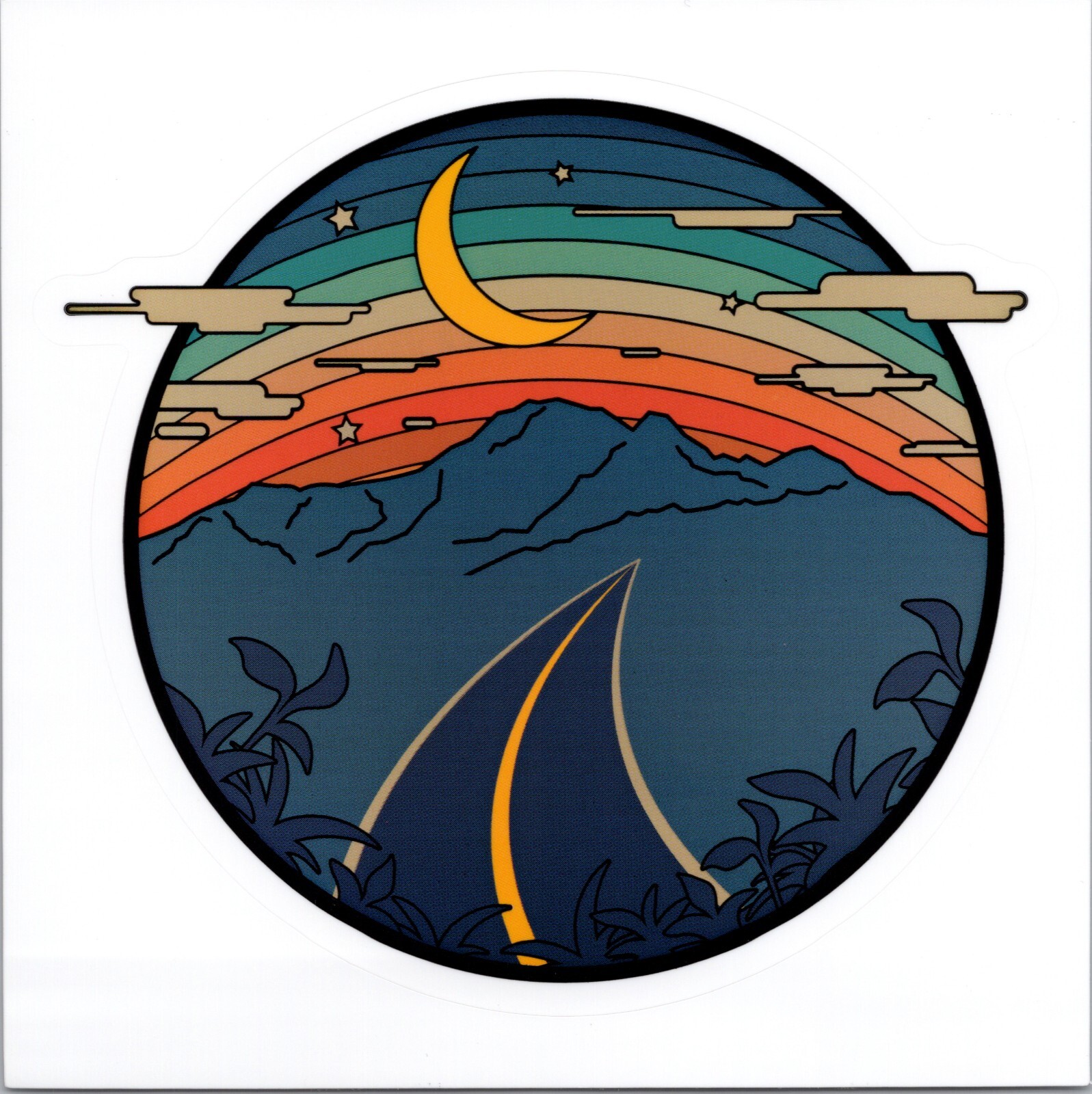 MOUNTAIN ROADS ~ DRIVING THROUGH THE NIGHT – Vinyl Sticker – 1.50in x 1.50in