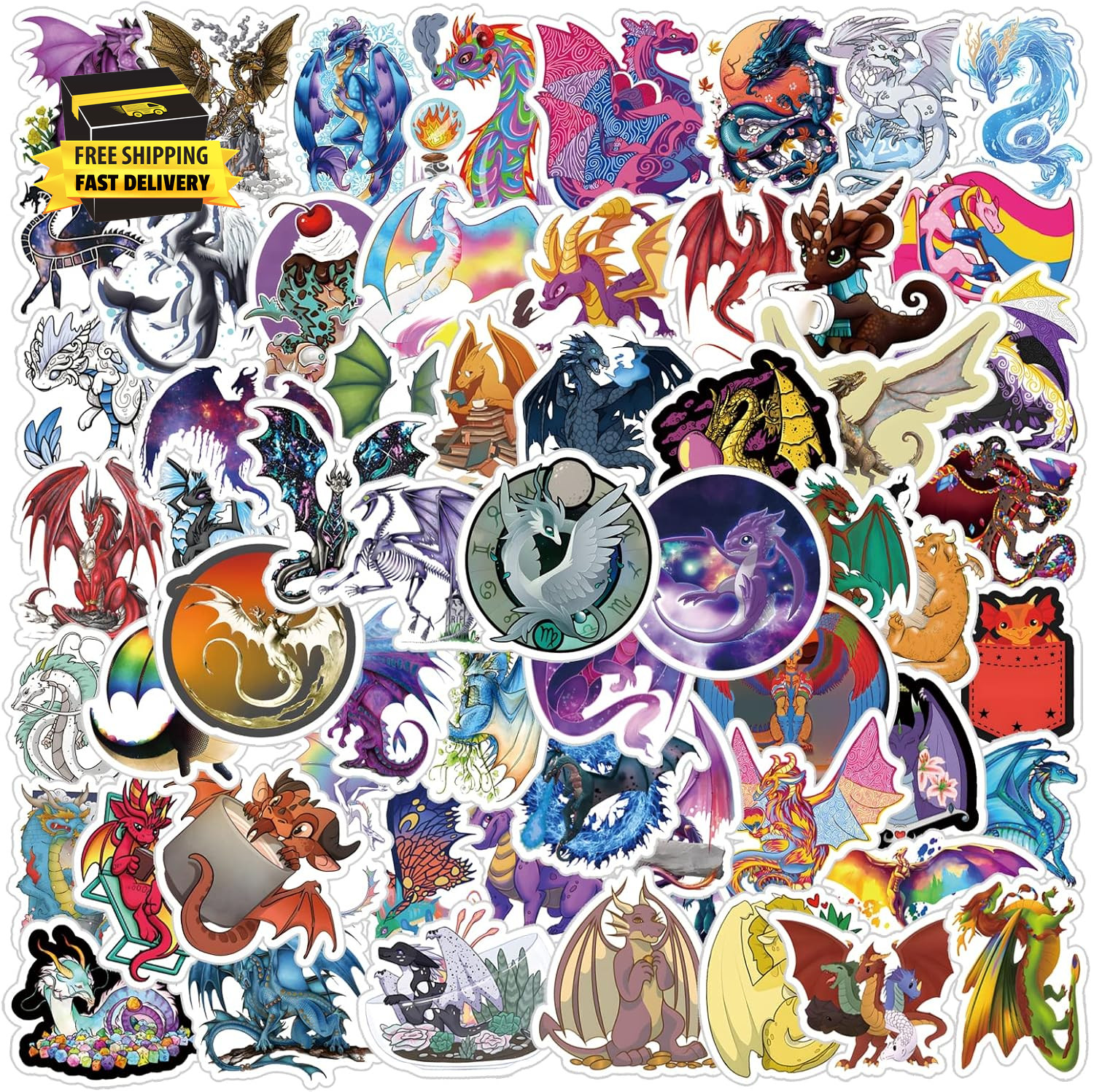 61Pcs Dragon Stickers Pack, Aesthetic Cartoon Cute Vinyl Waterproof Decals for W