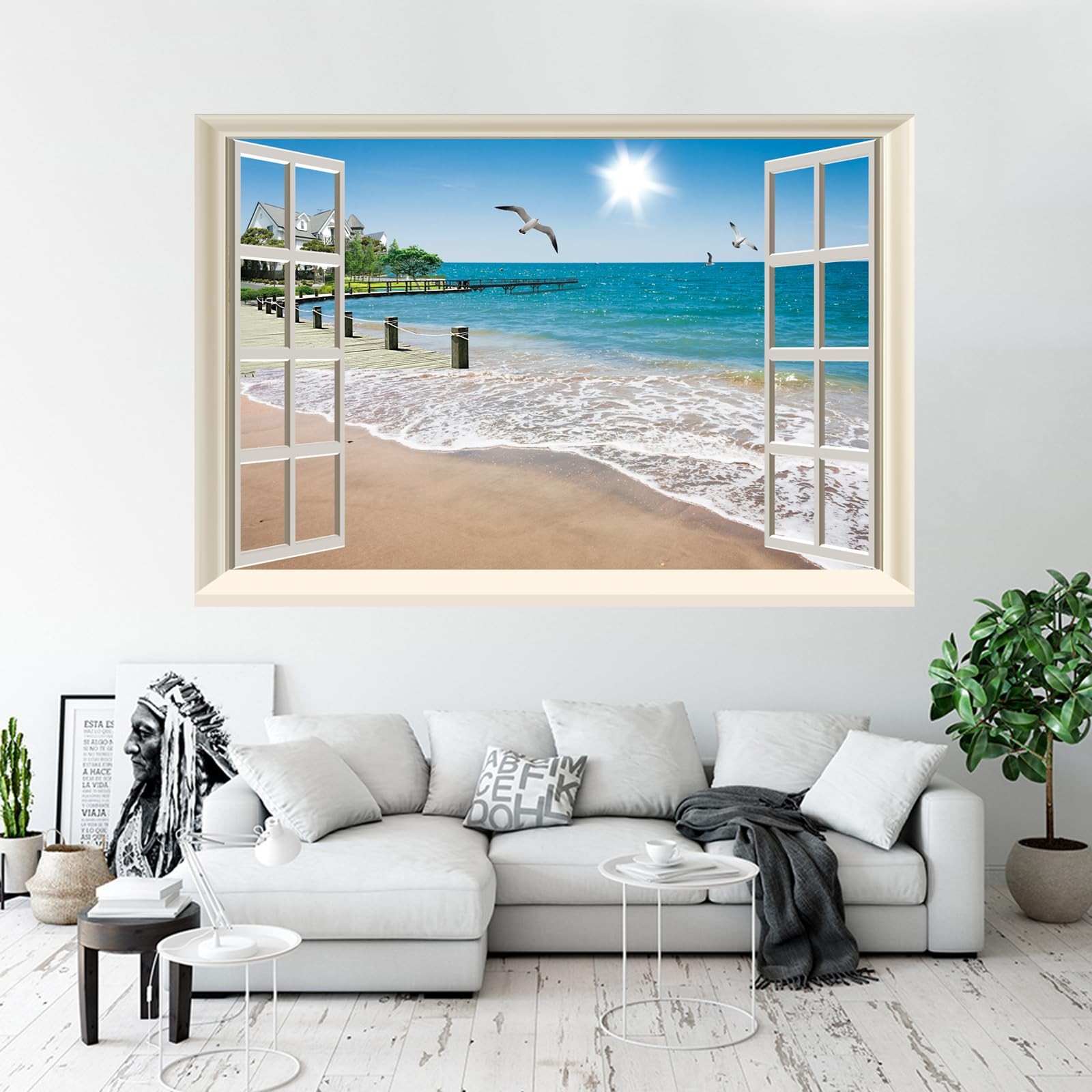 Fake Window Wall Decal, Summer Beach Seascape Peel and Stick Wall Sticker, Fa…