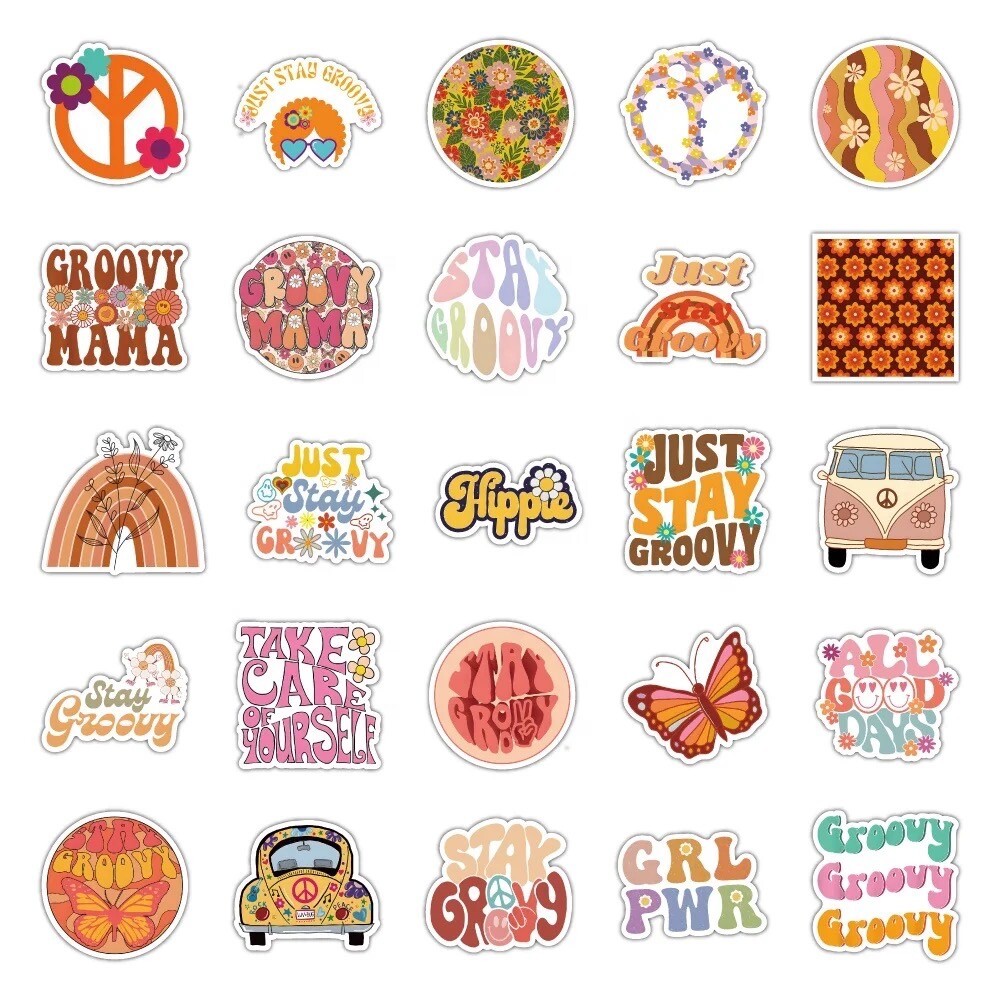 50 PCS Retro Hippie Life Stickers Groovy Peace Love Decals Laptop Hydro Set A