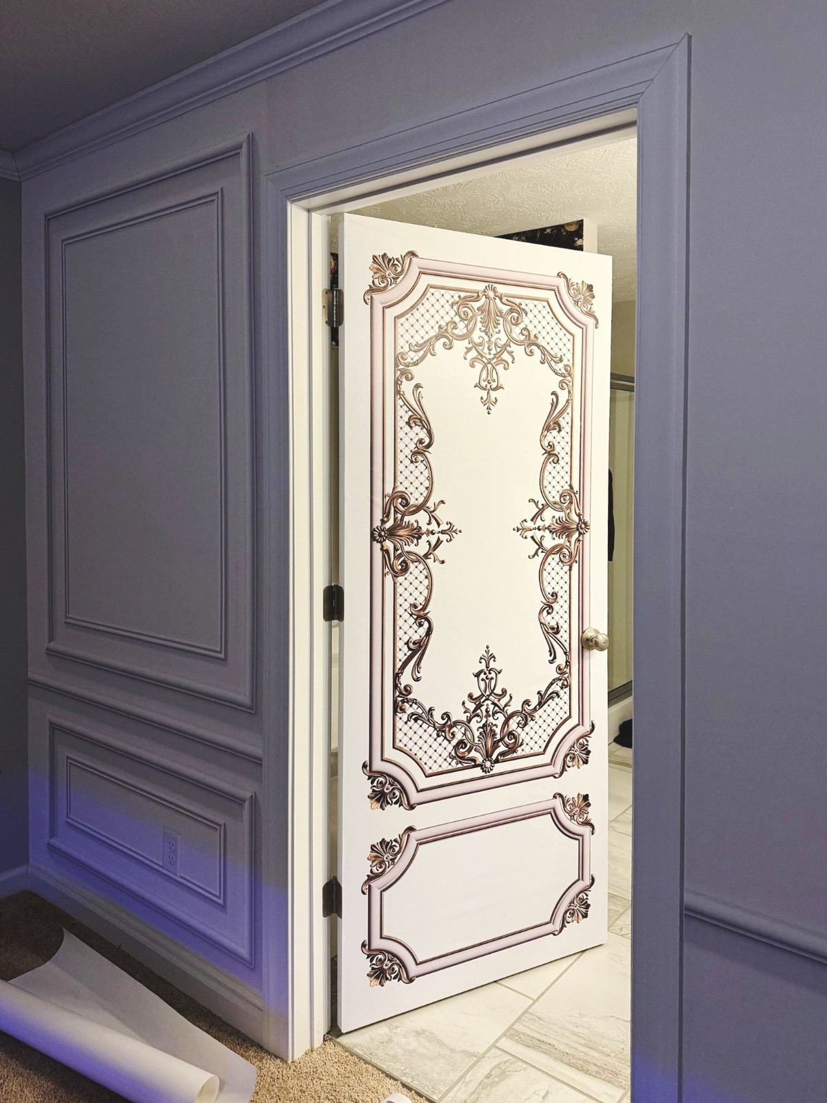Classic Door Wrap Mural | White with Gold Curves | Single Piece, Self-adhesive