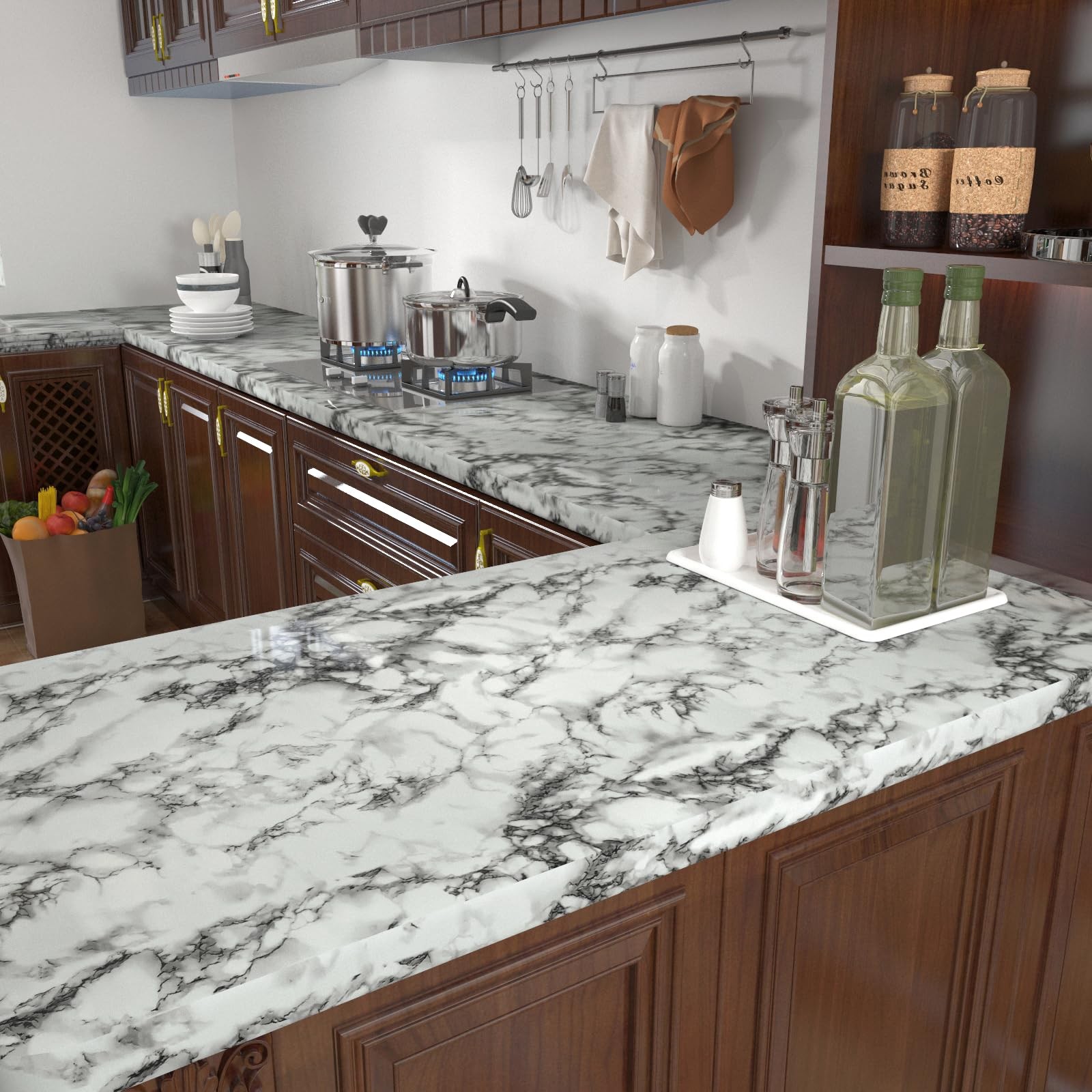 VIOPVERY Black White Marble Contact Paper 35" x 197", Glossy Peel and Stick V…