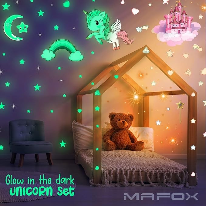 Glow in The Dark Unicorn Rainbow, Castle, Moon & Stars Vinyl Stickers Wall Decor