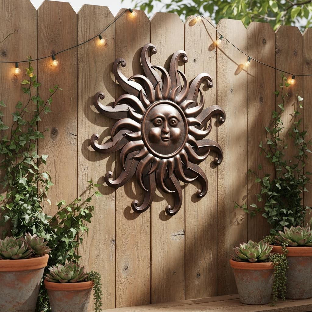 Metal Wall Art Decor Outdoor Inside With 3d Sun Face 27" Large Outside Sun Metal