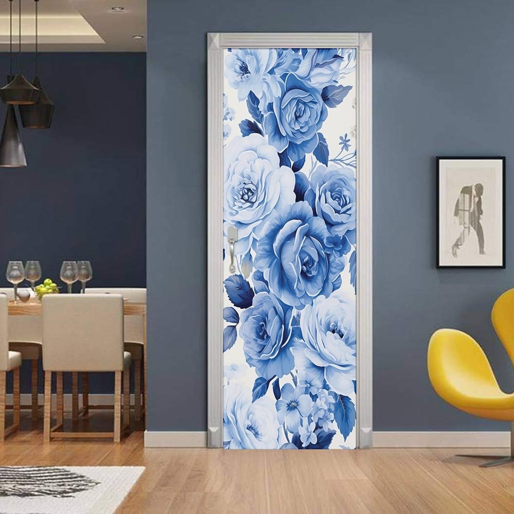 REDAMANCY White Blue Rose Floral Vintage Peel and Stick Door Stickers Vinyl D…