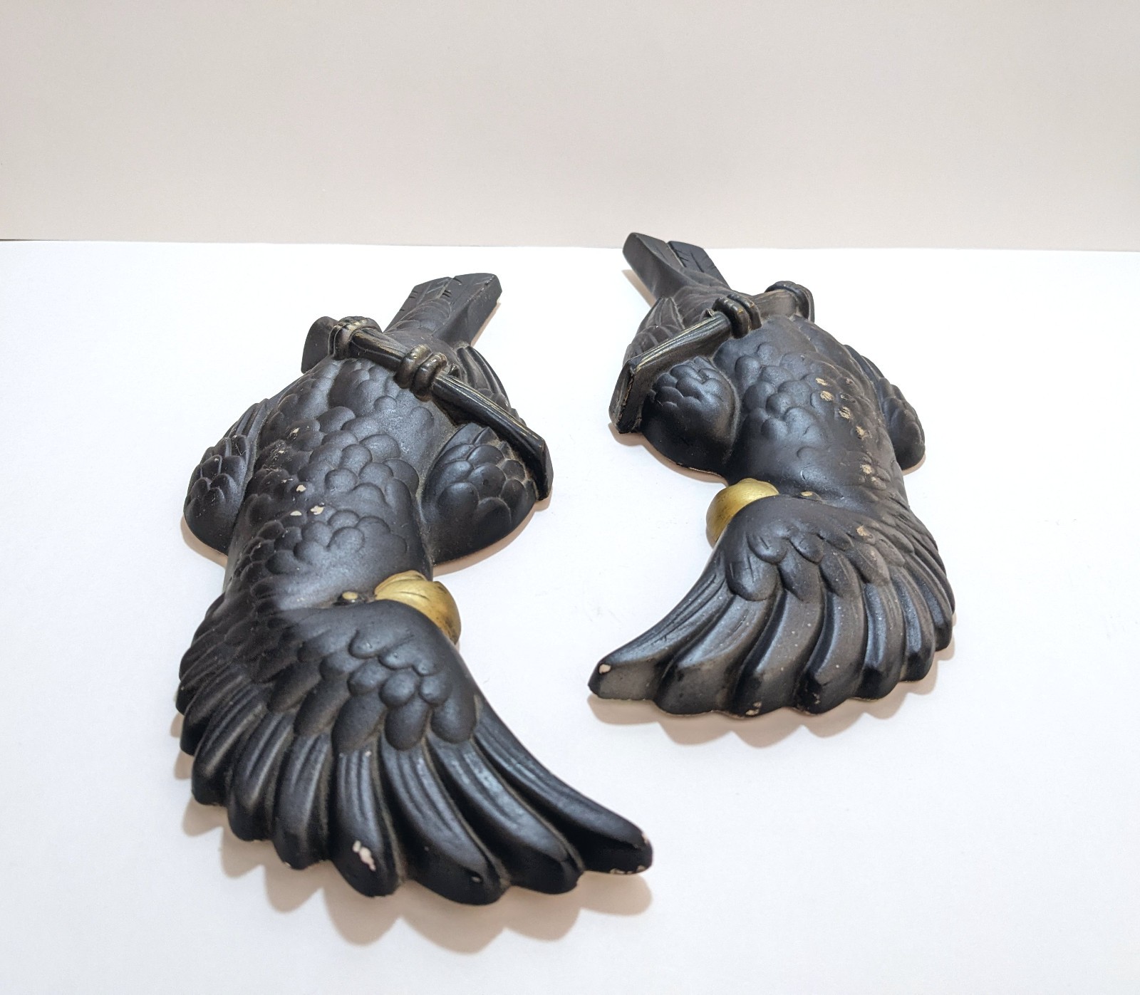 Vtg 1957 Miller Studio Chalkware Cockatoo Wall Plaques Pair Black Gold MCM Birds