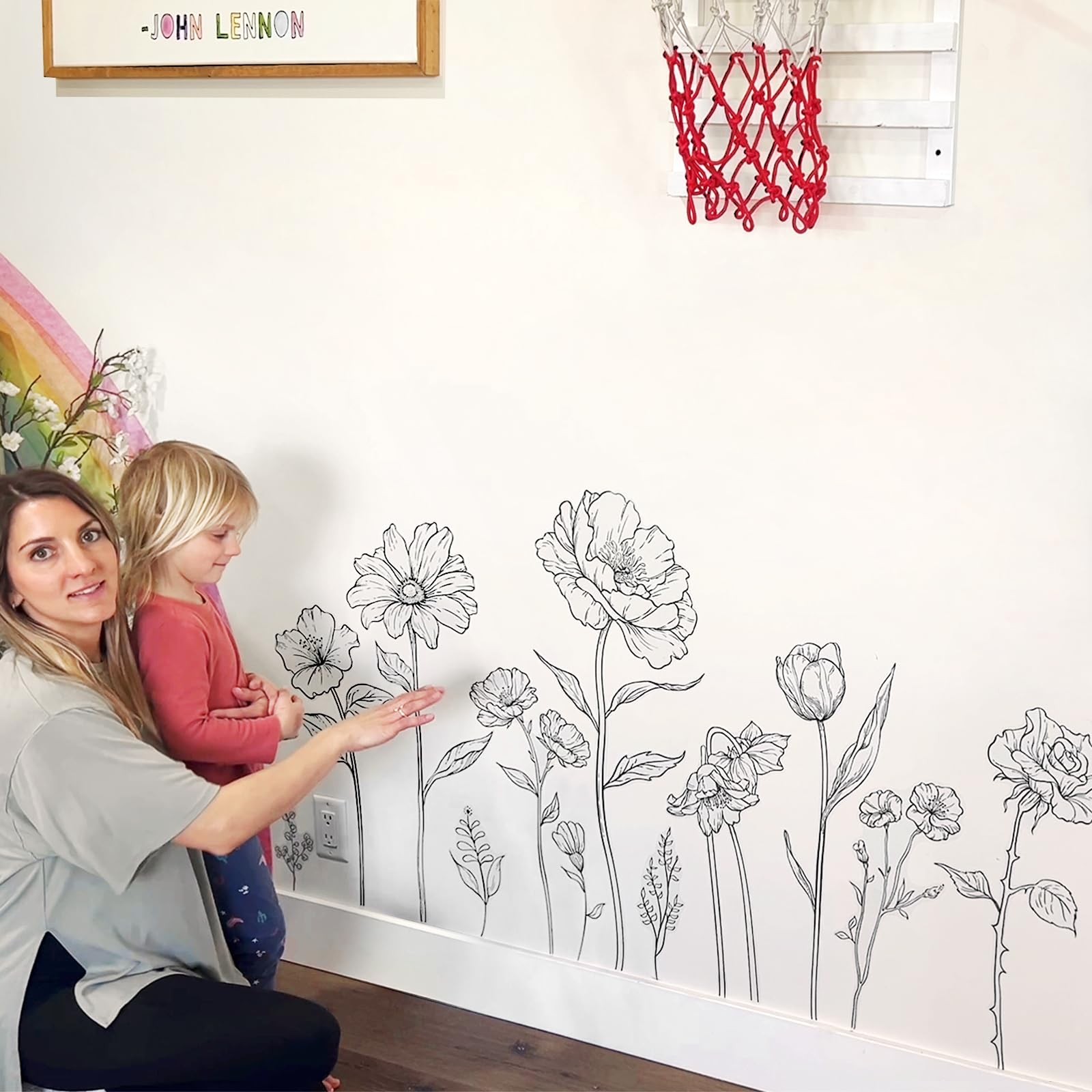 Large Black Boho Flower Wall Decals, 3 Sheets Simple Sketch Multi-colored
