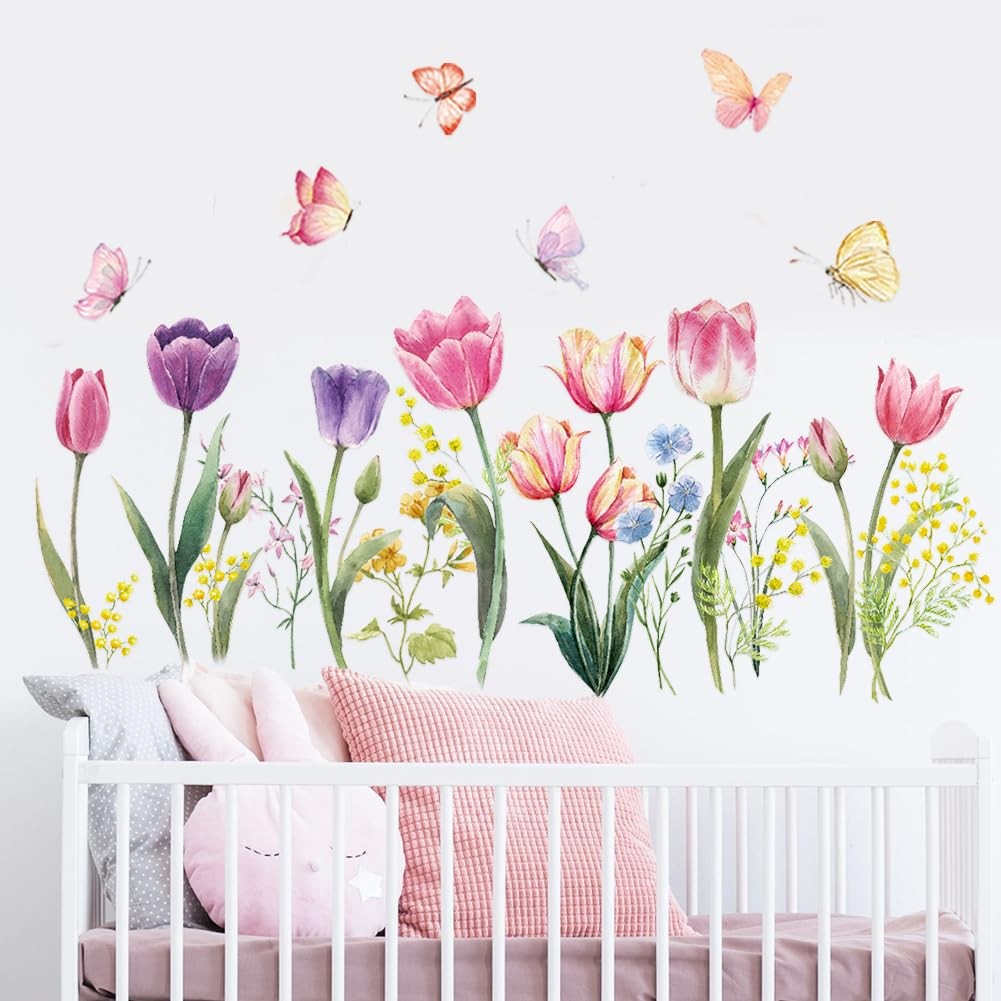 Tulip Flowers Wall Decals Floral Butterfly Wall Stickers Colorful Flowers Wal…