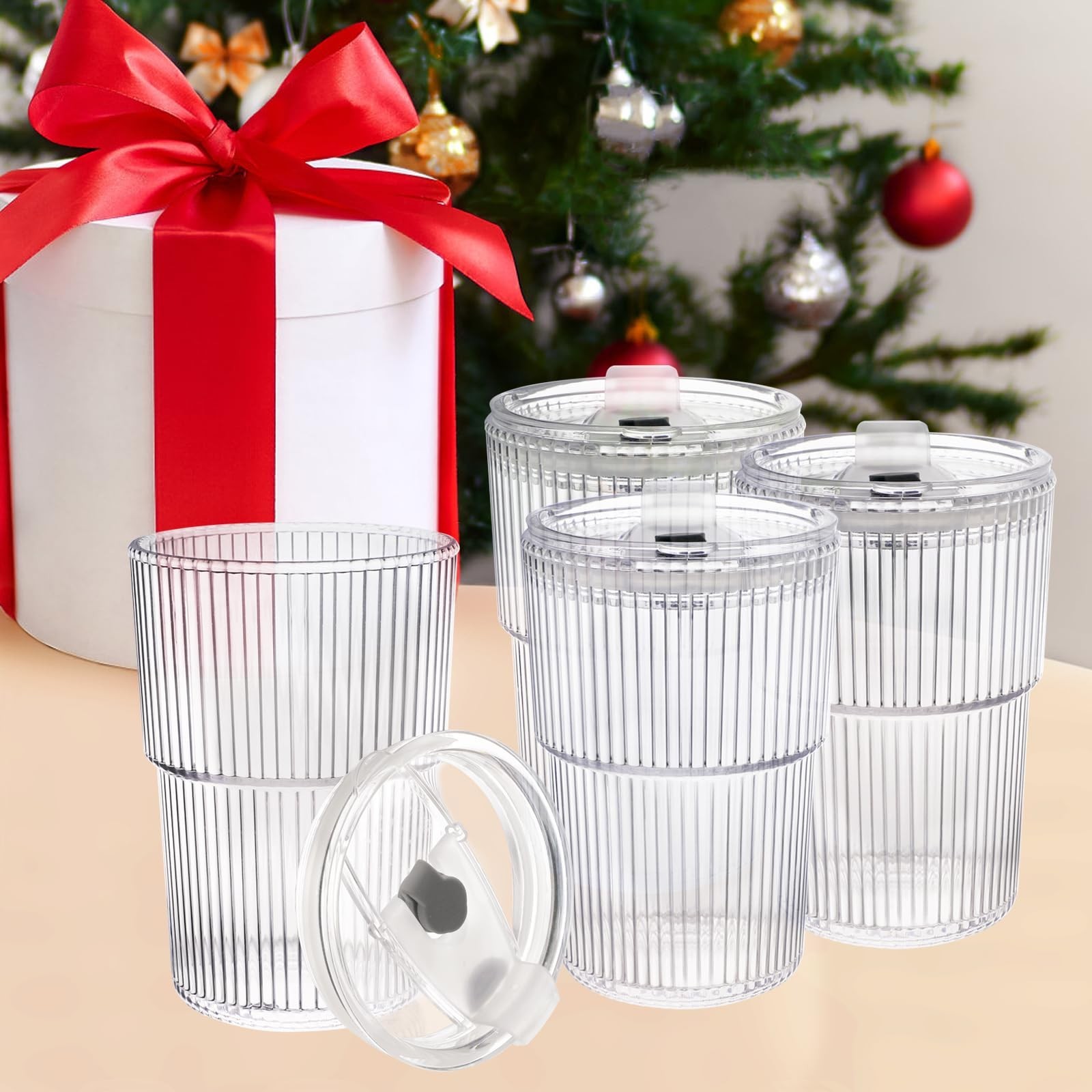 16 OZ Iced Coffee Cups with Lids and Straws Set of 4, Unbreakable Plastic Dri…