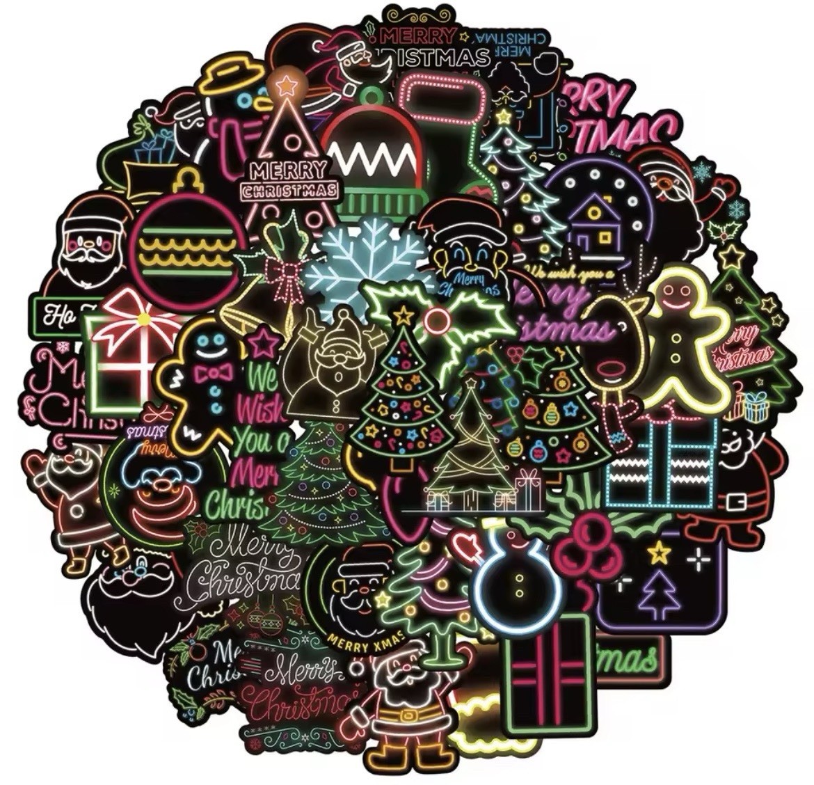 Neon Christmas Style Stickers 50pk Mixed Merry Christmas Themed FREE SHIPPING