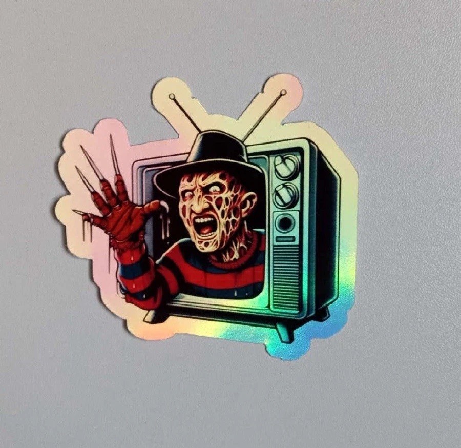 Freddy Krueger Horror retro TV set 3 inch waterproof holographic sticker